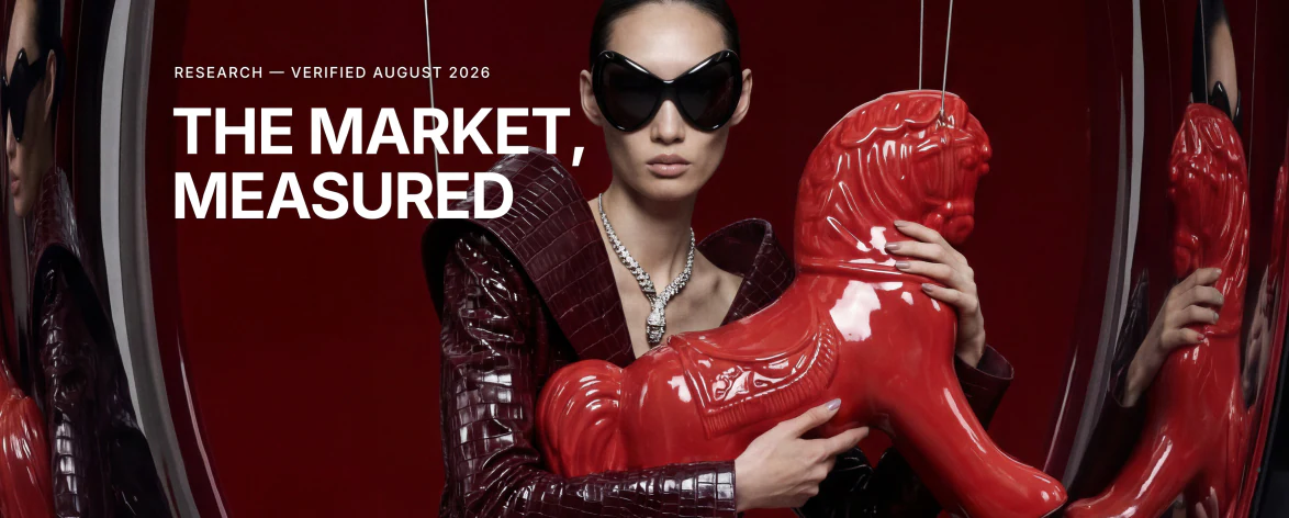 "The market, measured" — model in a burgundy crocodile-leather coat holding a red lacquered lion figure