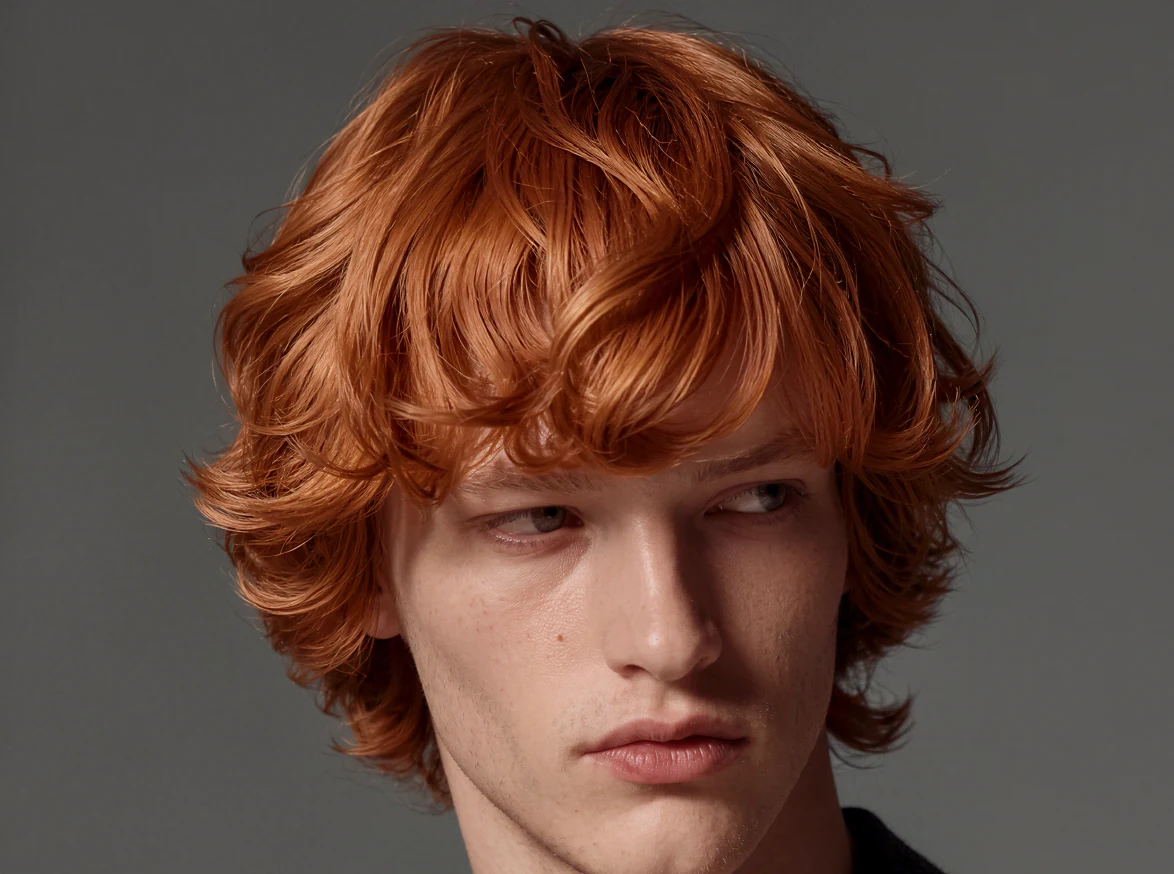 Close-up of an AI fashion model with copper hair, sharp to the strand after enhancement
