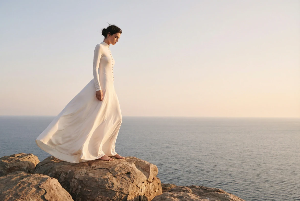 AI fashion photography: model in a flowing white dress on coastal rocks at sunset