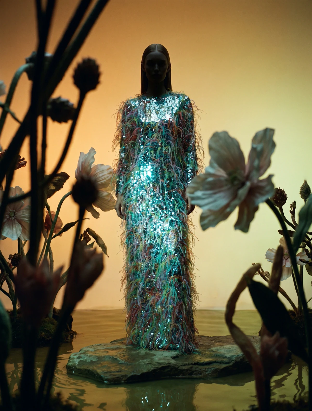 AI-generated on-model image: emerald sequin gown on a surreal night-garden set with oversized flowers