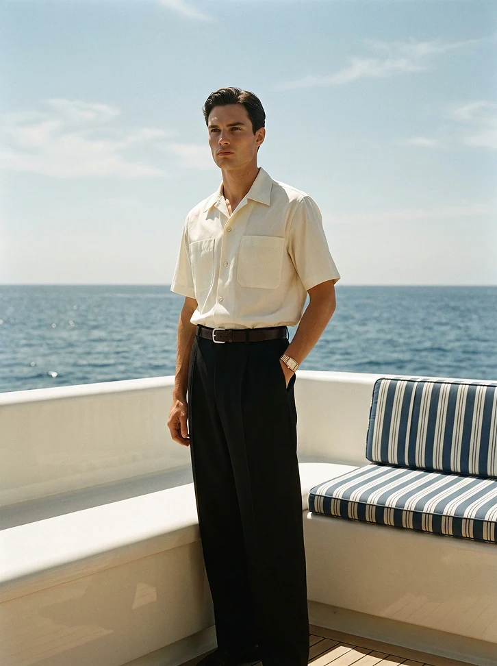 AI fashion model in a cream camp-collar shirt and black trousers on a yacht deck
