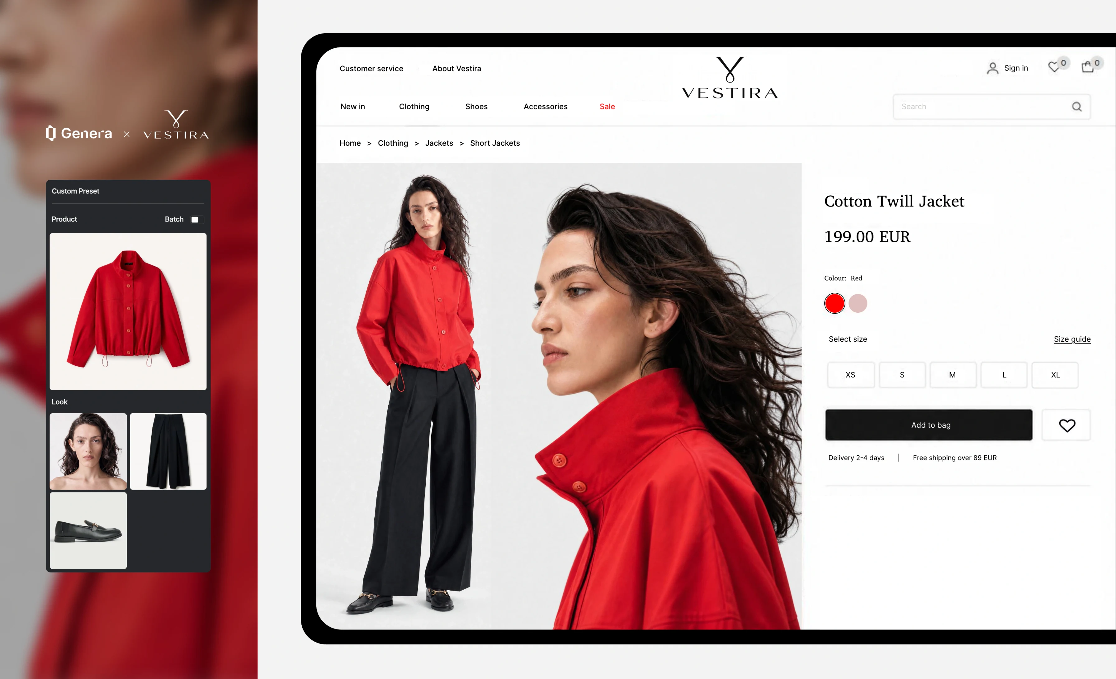 Genera platform composite — a packshot preset on the left, the generated on-model image live on the Vestira storefront