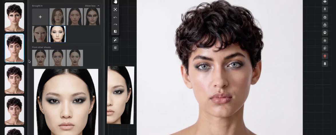 Face Lab's Makeup tab — an AI model with a smoky eye on the canvas, references and version history alongside