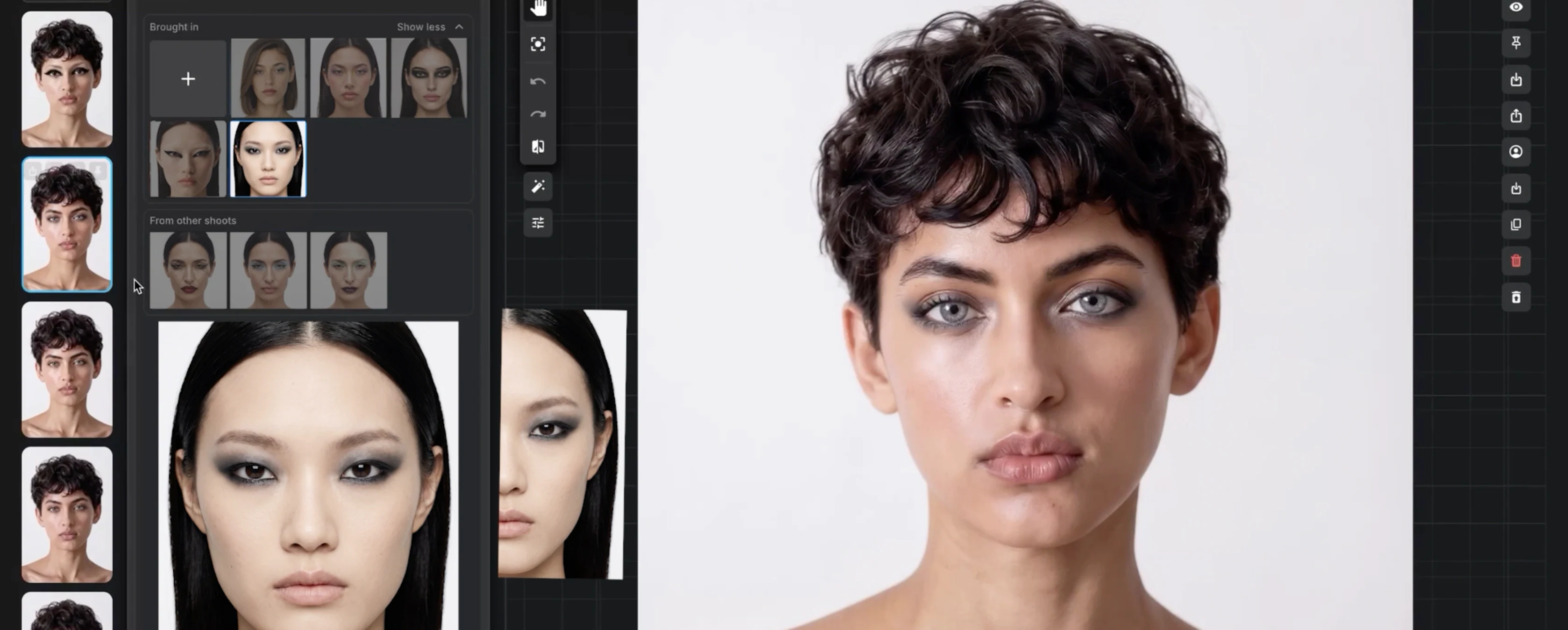 Face Lab's Makeup tab — an AI model with a smoky eye on the canvas, references and version history alongside