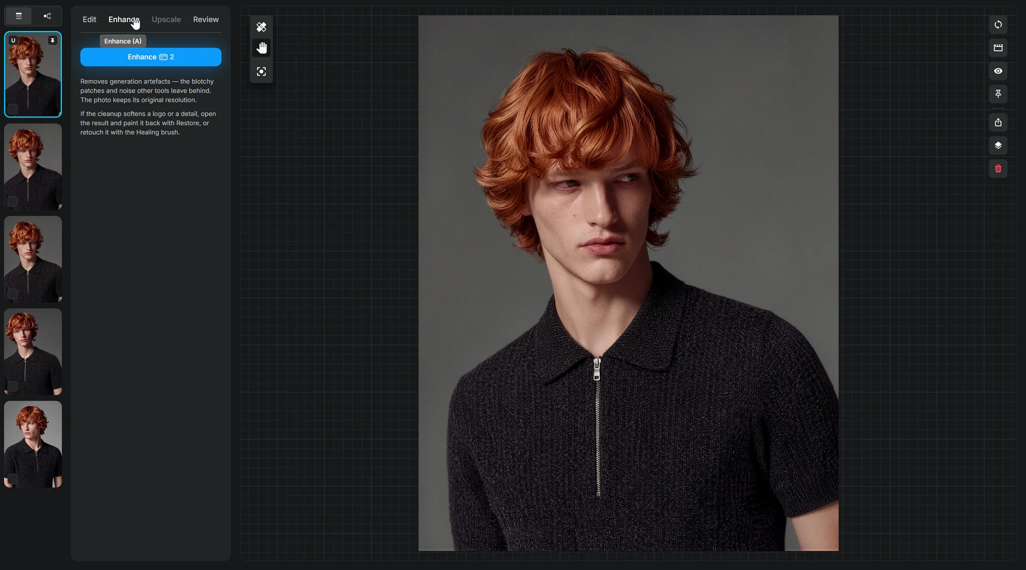 The Enhance tab in the Genera editor, one button and a portrait on the canvas