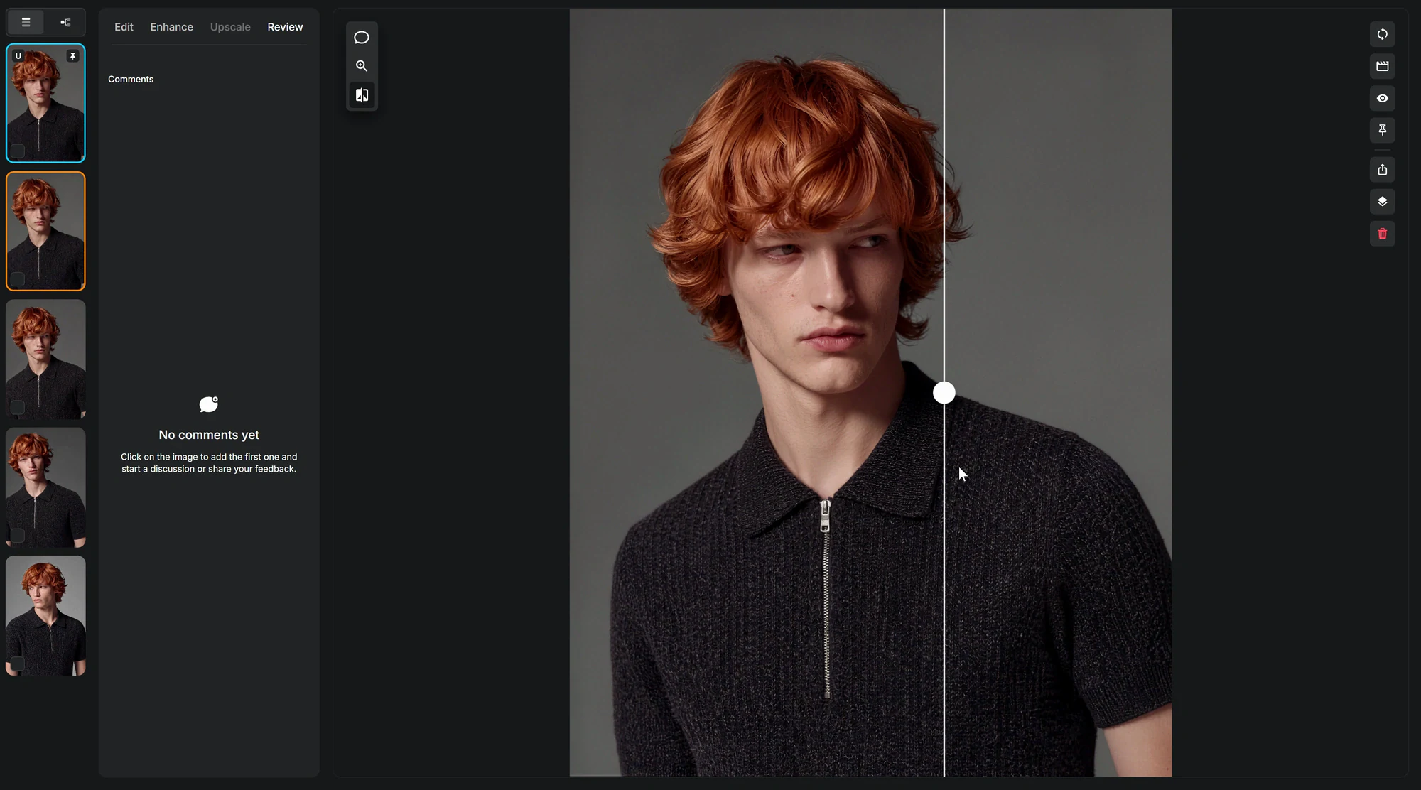 The Review tab with a before-and-after slider drawn across the portrait