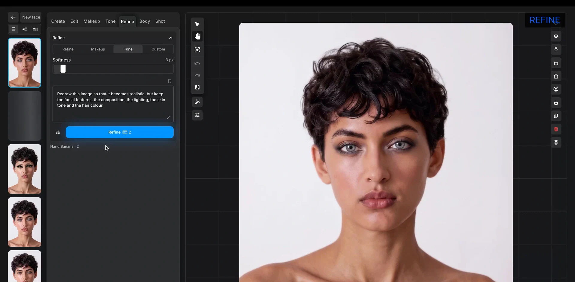 The Refine tab in Face Lab — the redraw instruction in an editable field, softness control and sub-tabs beside the model