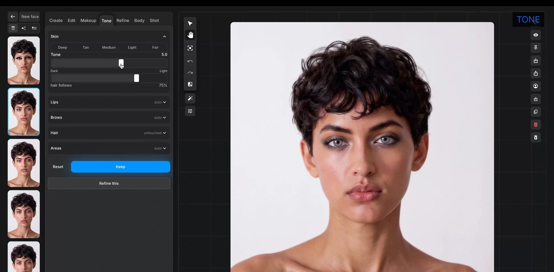 The Tone tab in Face Lab — a five-step skin scale, tone slider, and per-feature follow controls beside the model