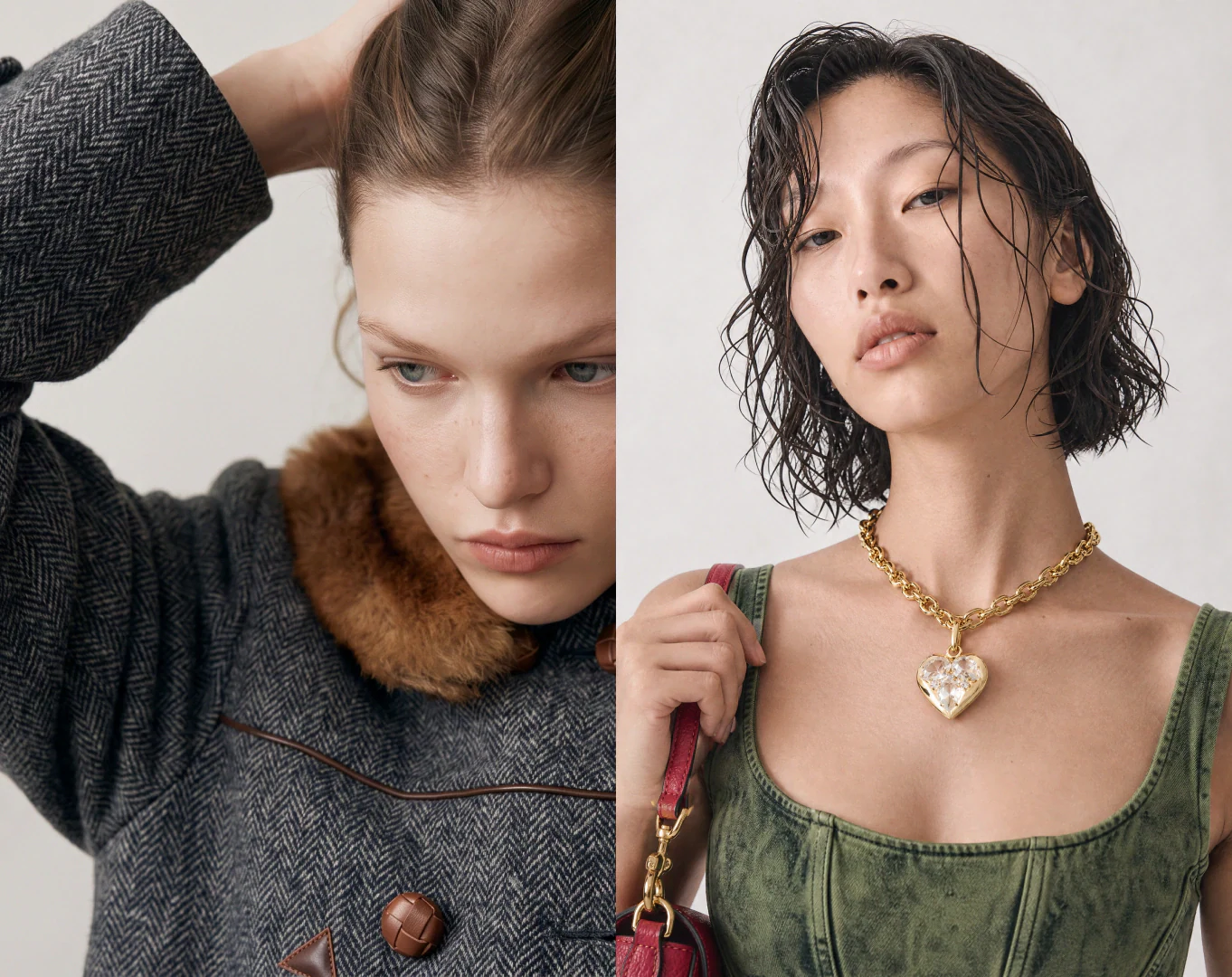 Two AI fashion models from the roster on set — a herringbone coat with fur collar and a green corset with gold jewellery