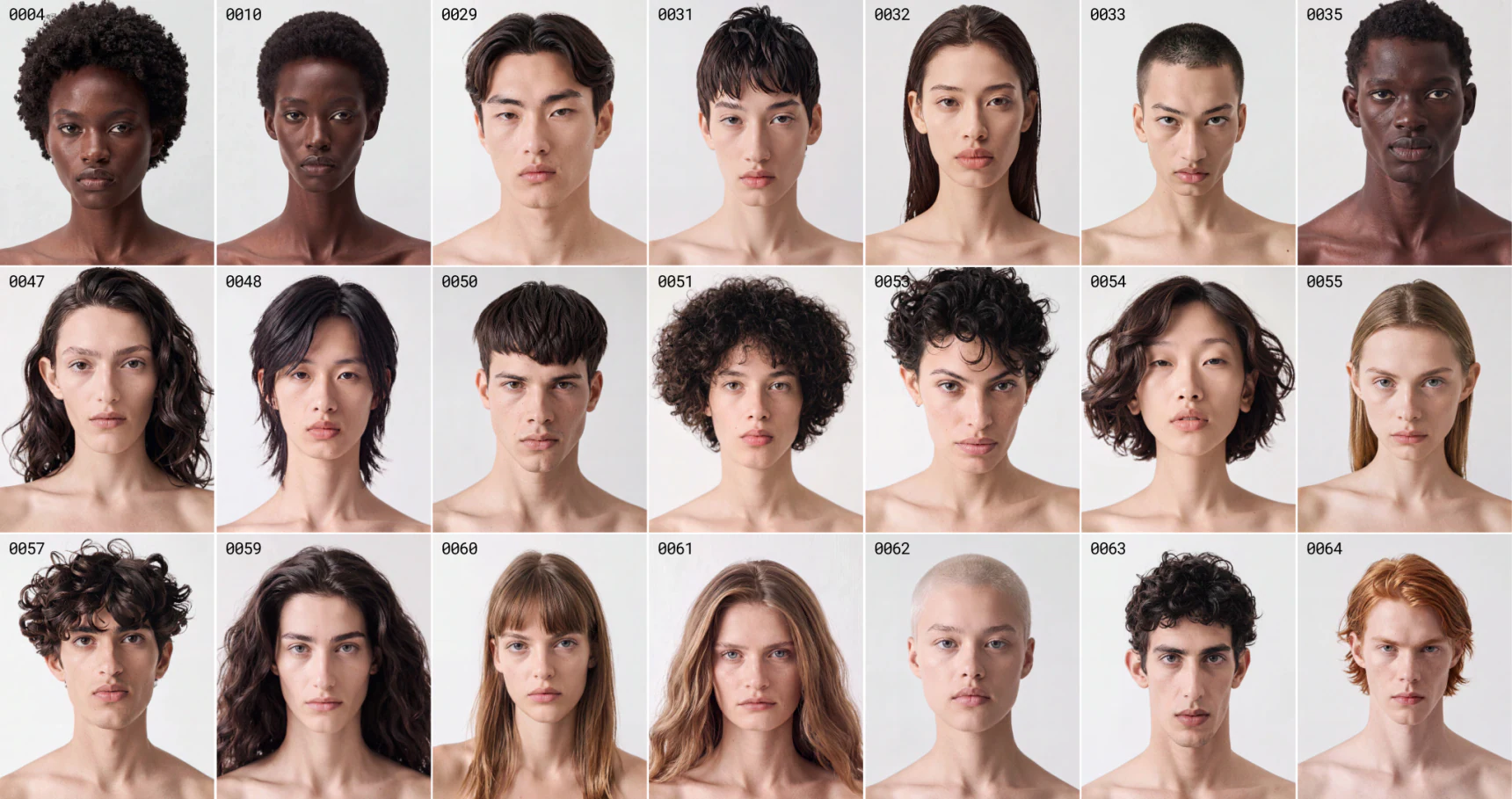 Twenty-one numbered AI fashion model portraits from the Genera casting book, shot on the same grey backdrop