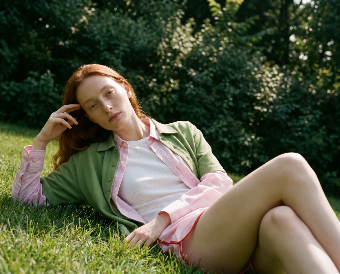 On-model imagery from a ghost mannequin archive: model in a green overshirt layered over a pink check shirt, lying on summer grass