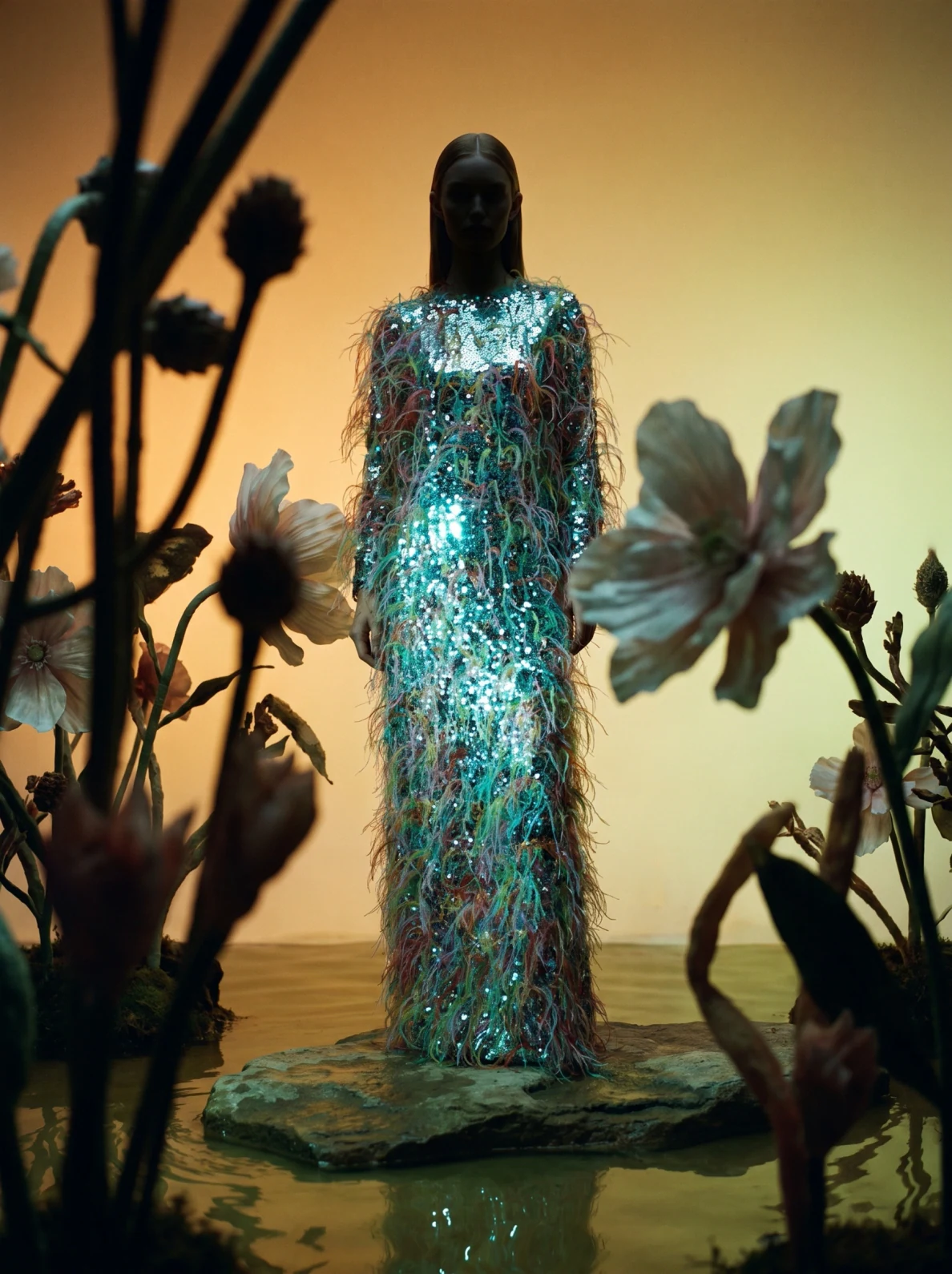 Campaign image generated from a tech pack: sequin gown in a surreal night-garden set