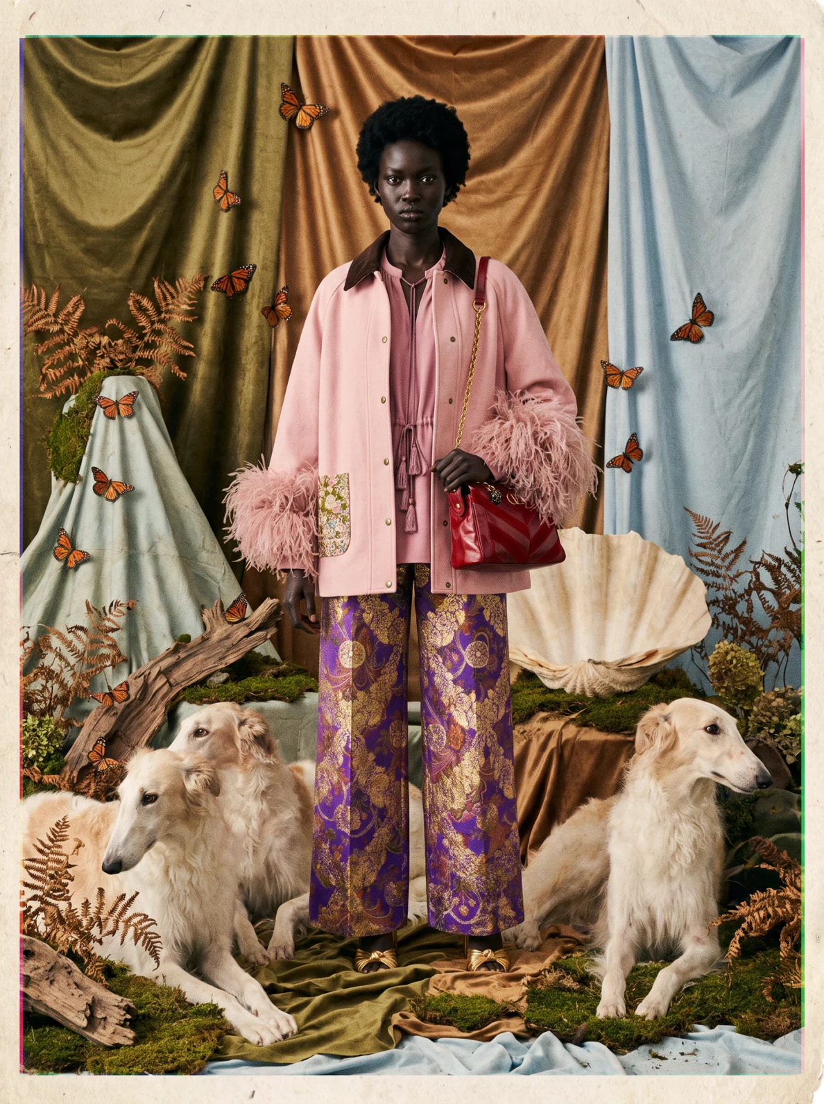 Editorial AI photoshoot image: framed campaign portrait with borzoi dogs and butterflies
