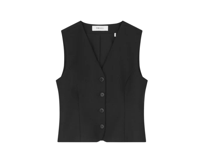Flat packshot of a black tailored vest — the uploaded input