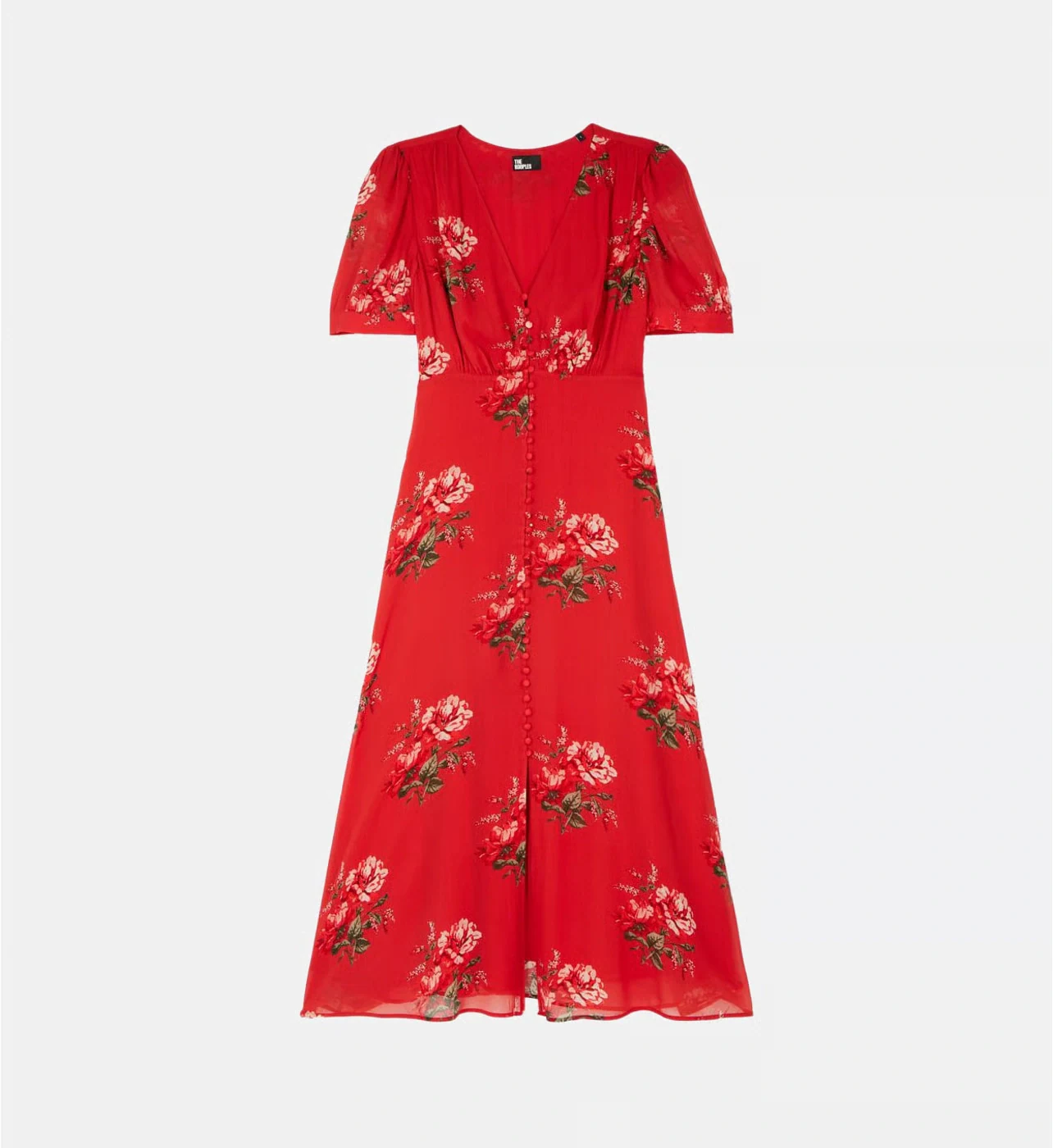 Packshot of a red floral midi dress on a neutral background