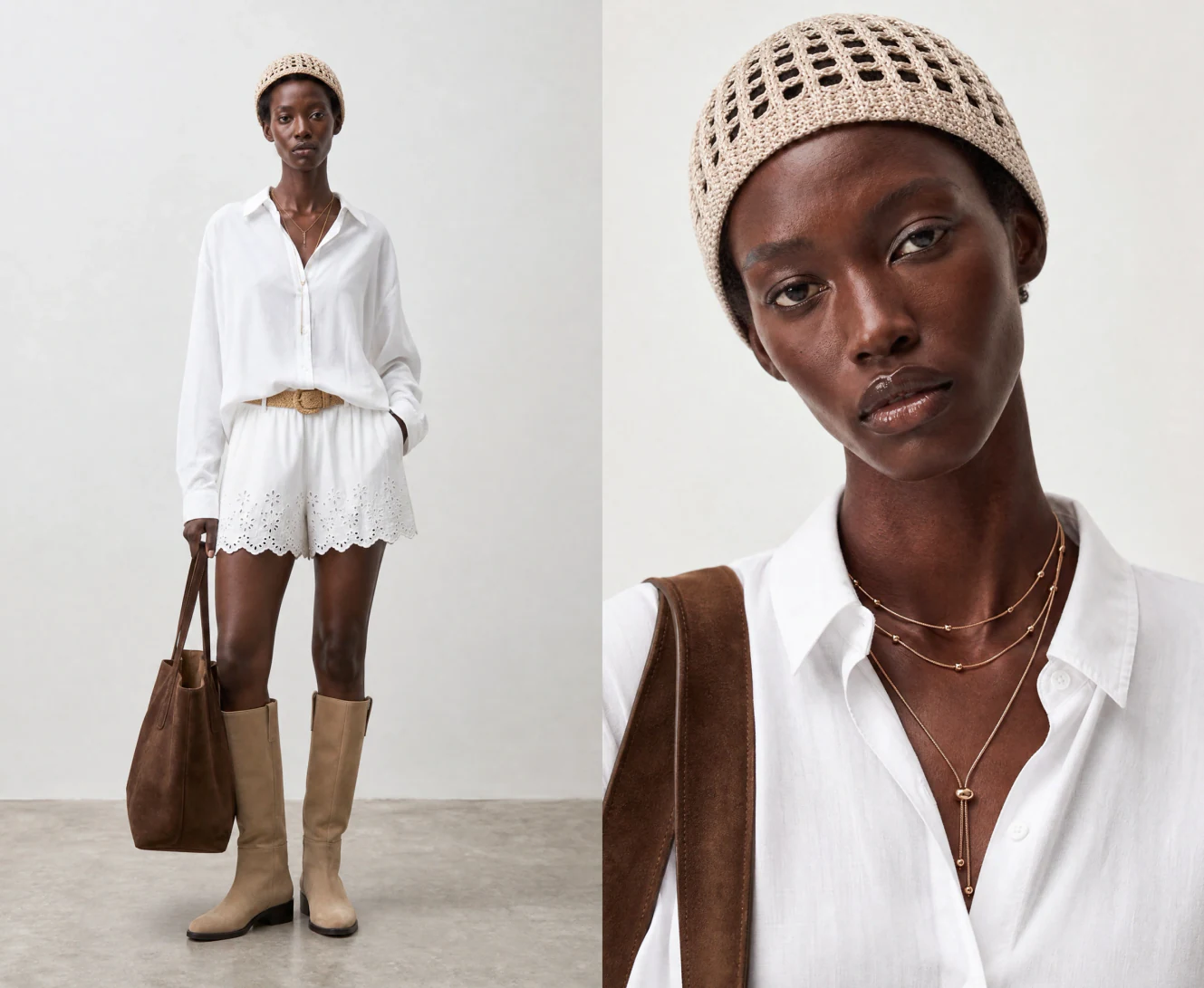 On-model PDP pair generated from flat lay packshots: full look and jewelry close-up on the same AI model