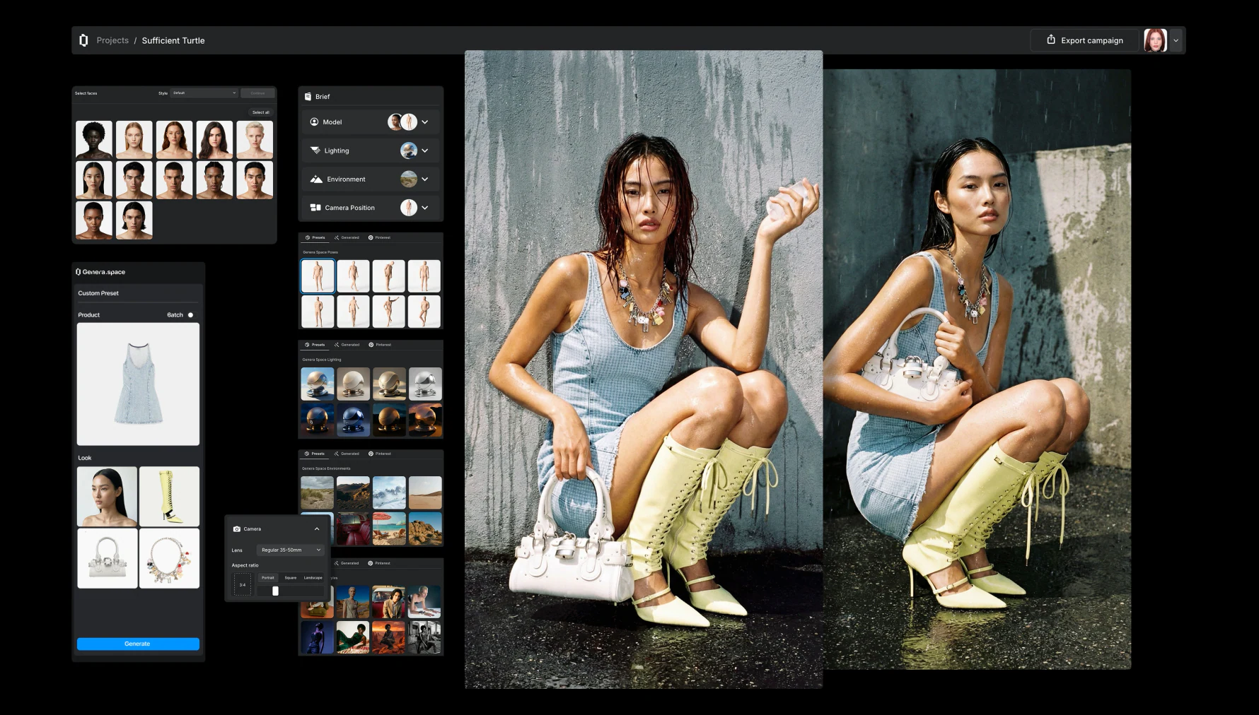 Genera platform: a garment sketch as input on the left, generated on-model campaign imagery on the right