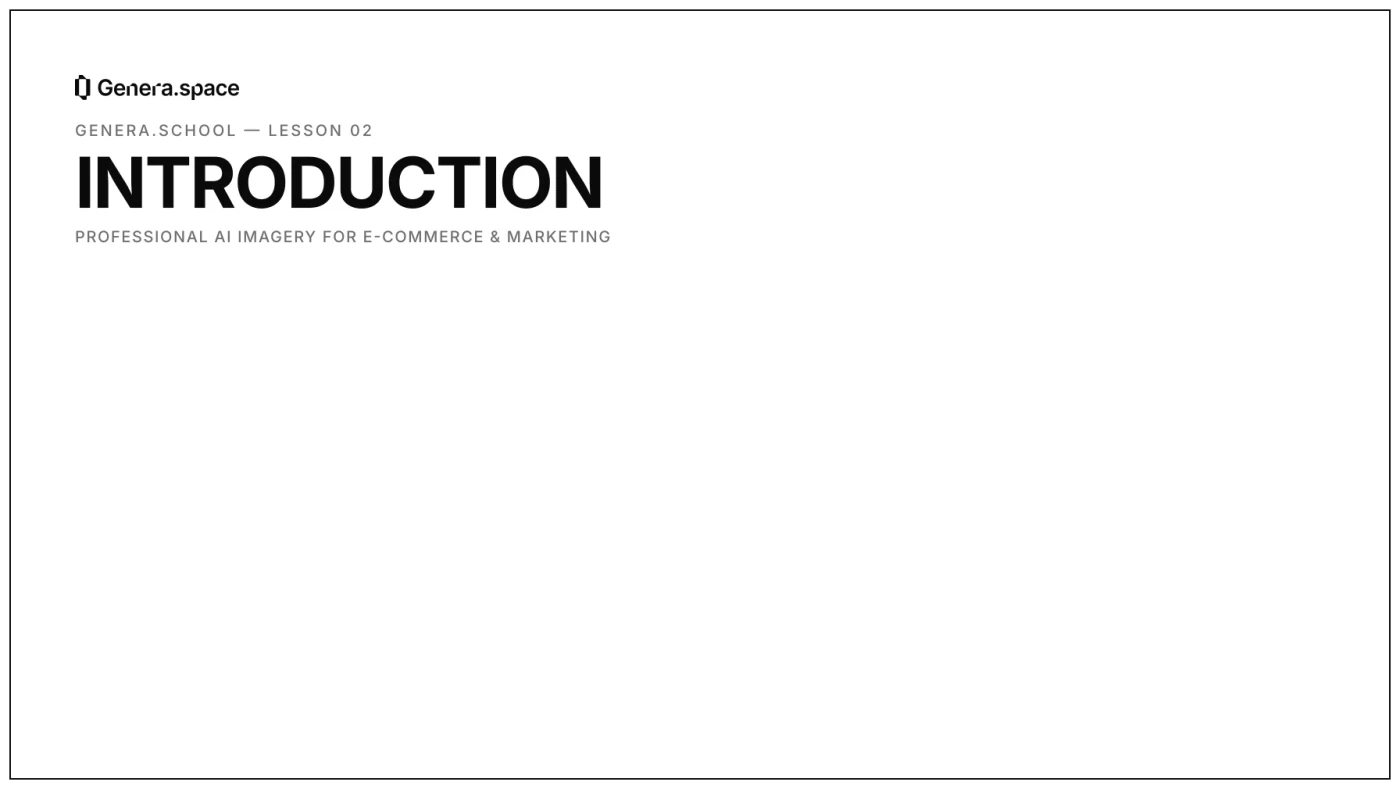 Cover of the Genera.School lesson “Introduction: Professional AI Imagery for E-Commerce and Marketing”