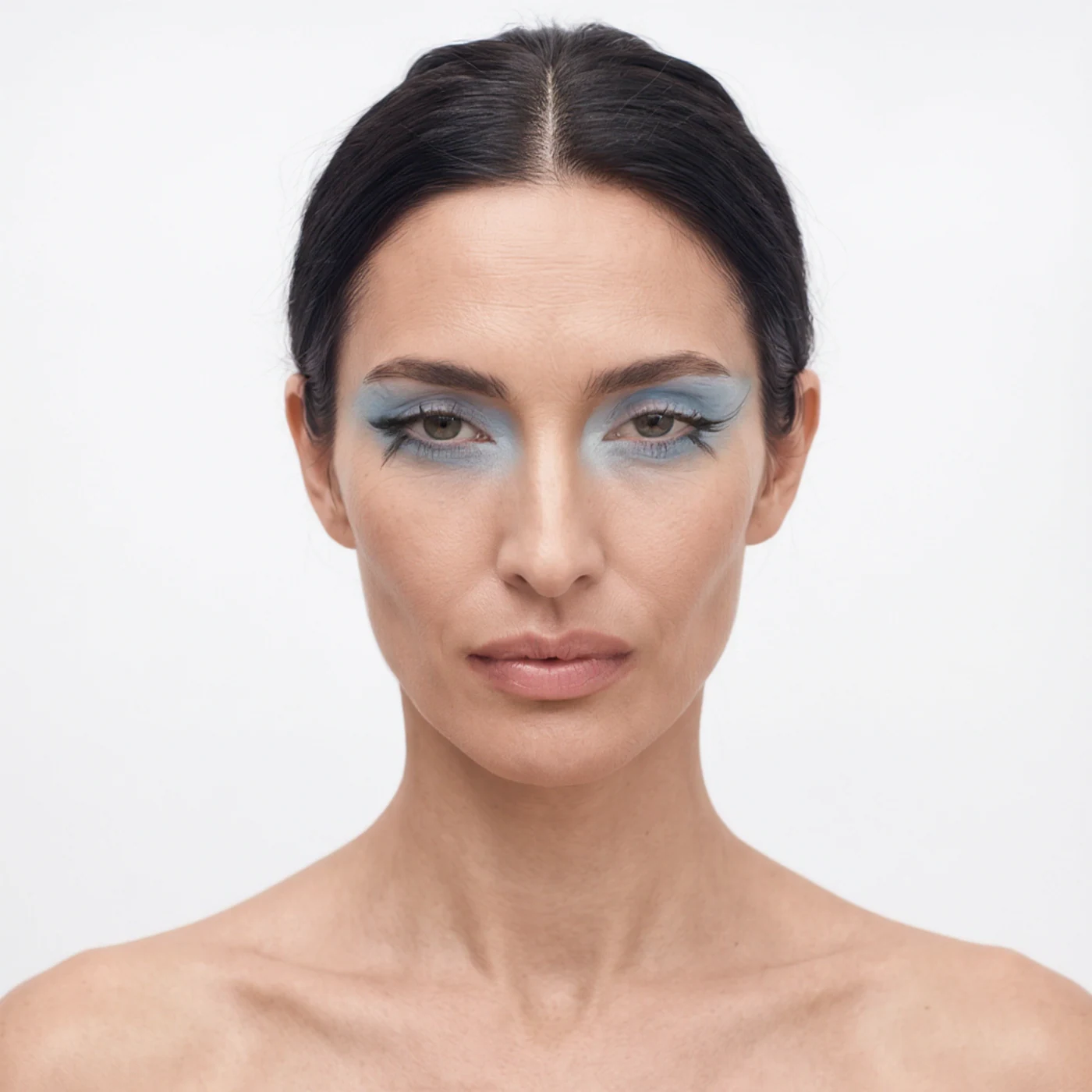 The same custom AI model identity in blue eyeshadow — look 02