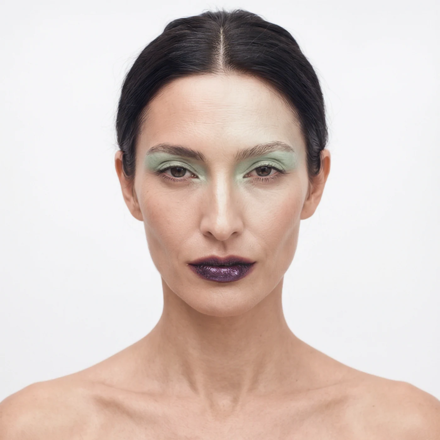 The same custom AI model identity in green shadow and dark lips — look 03