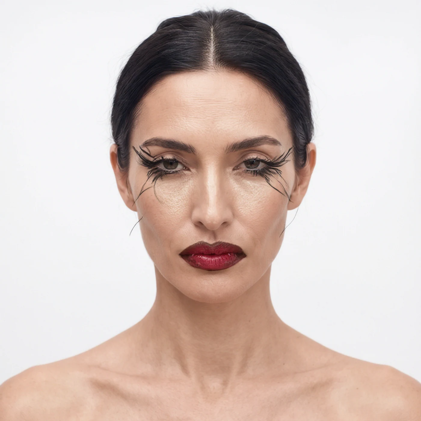 The same custom AI model identity in red lips and graphic lashes — look 04
