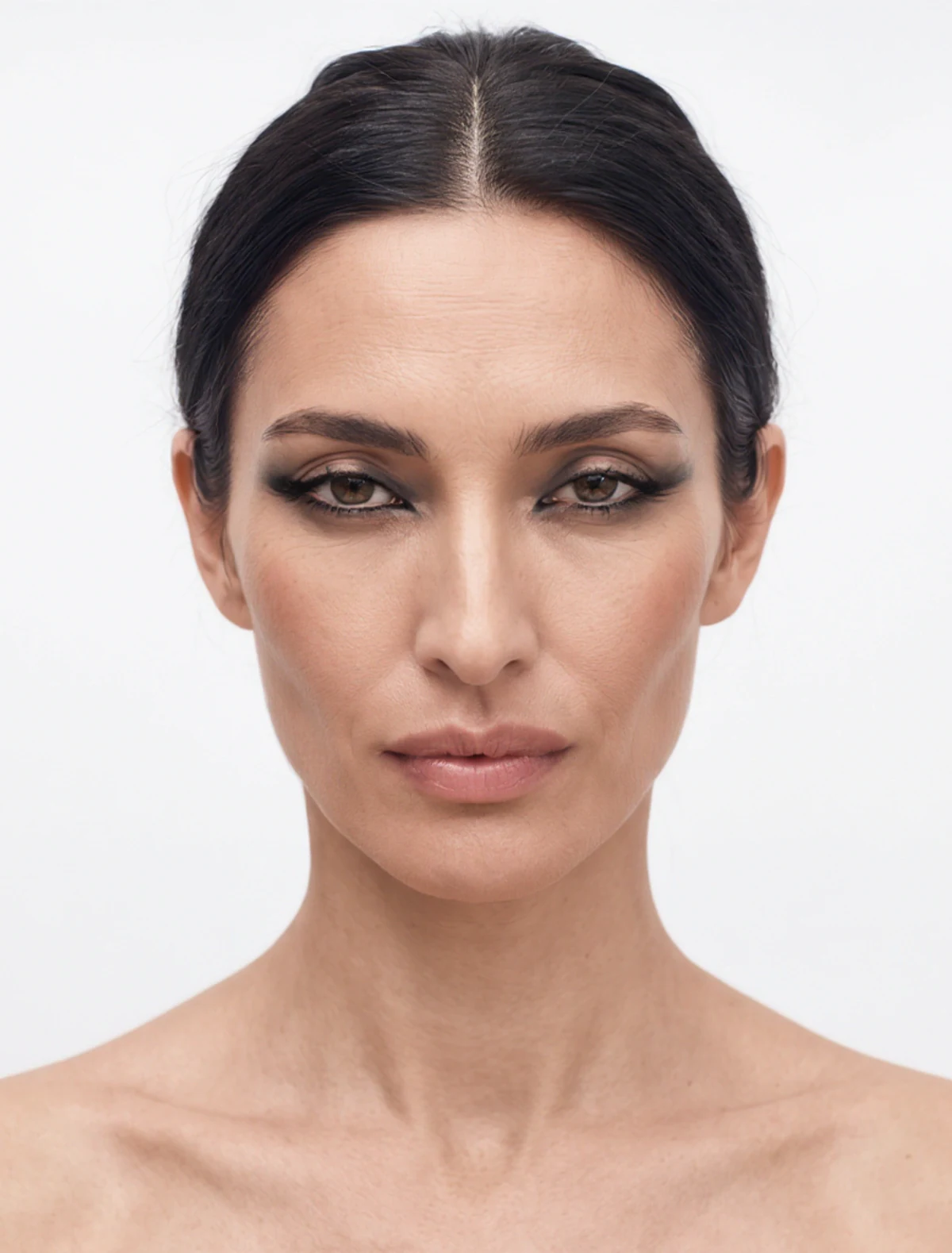AI-generated beauty portrait: the same AI model identity with a black smoky eye, straight-on close-up