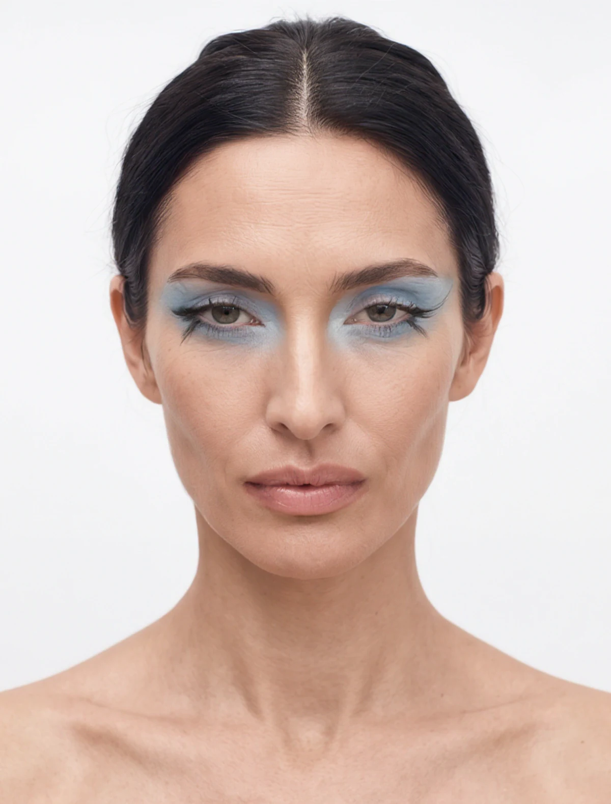 AI-generated beauty portrait: the same AI model identity with powder-blue eyeshadow, straight-on close-up
