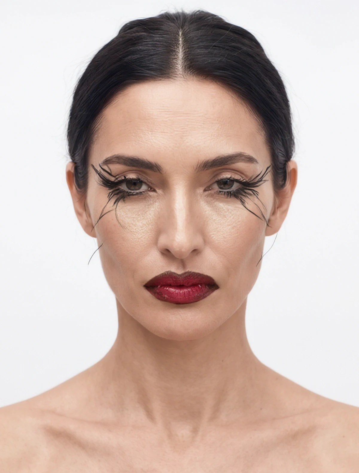 AI-generated beauty portrait: the same AI model identity with a red lip and graphic black liner, straight-on close-up