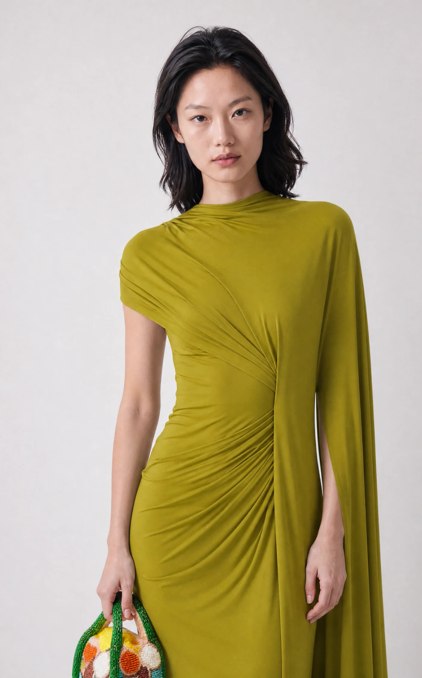 Vestira PDP image — chartreuse draped midi dress, front view