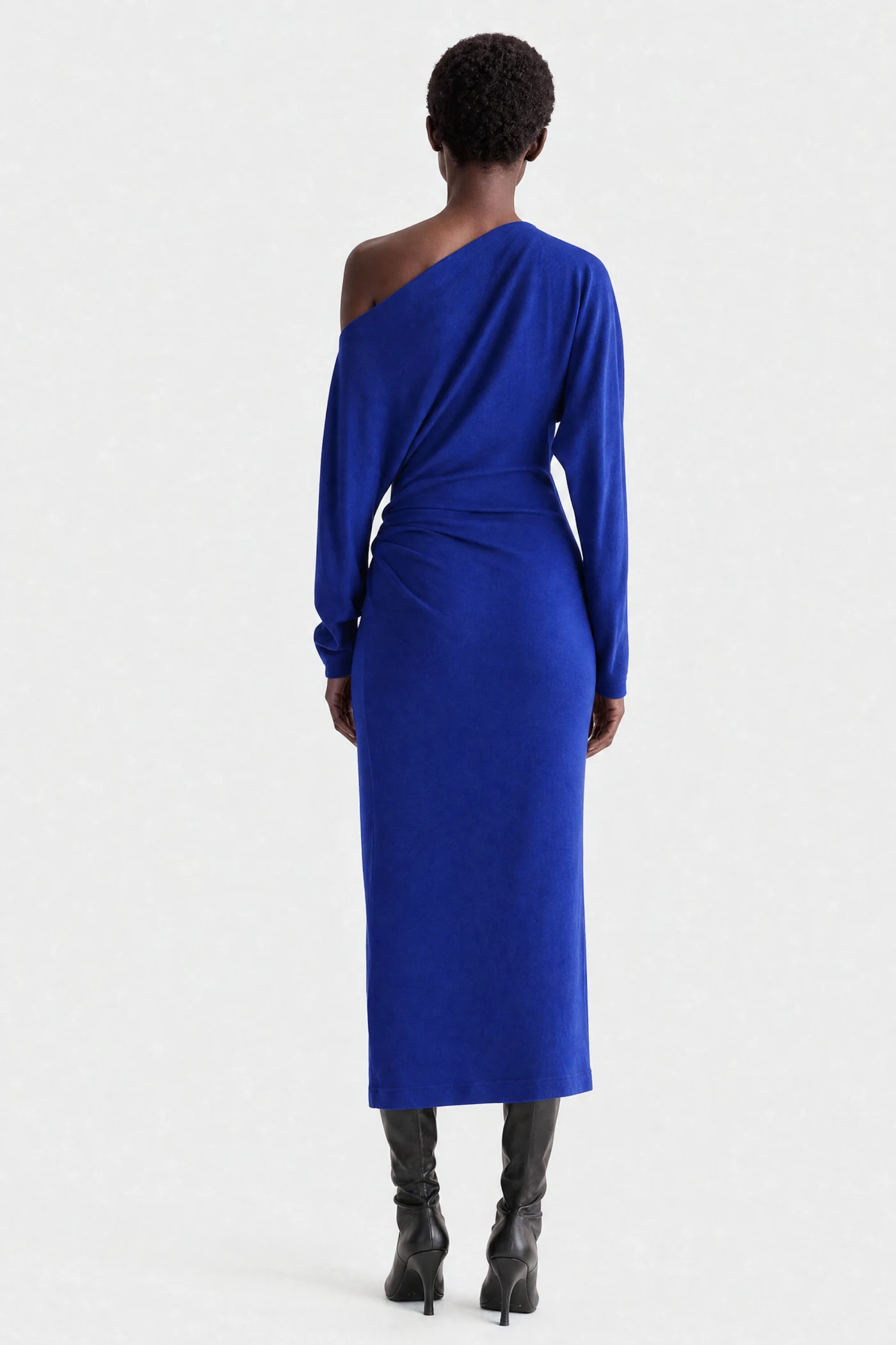 Vestira PDP image — cobalt off-shoulder knit midi dress, back view