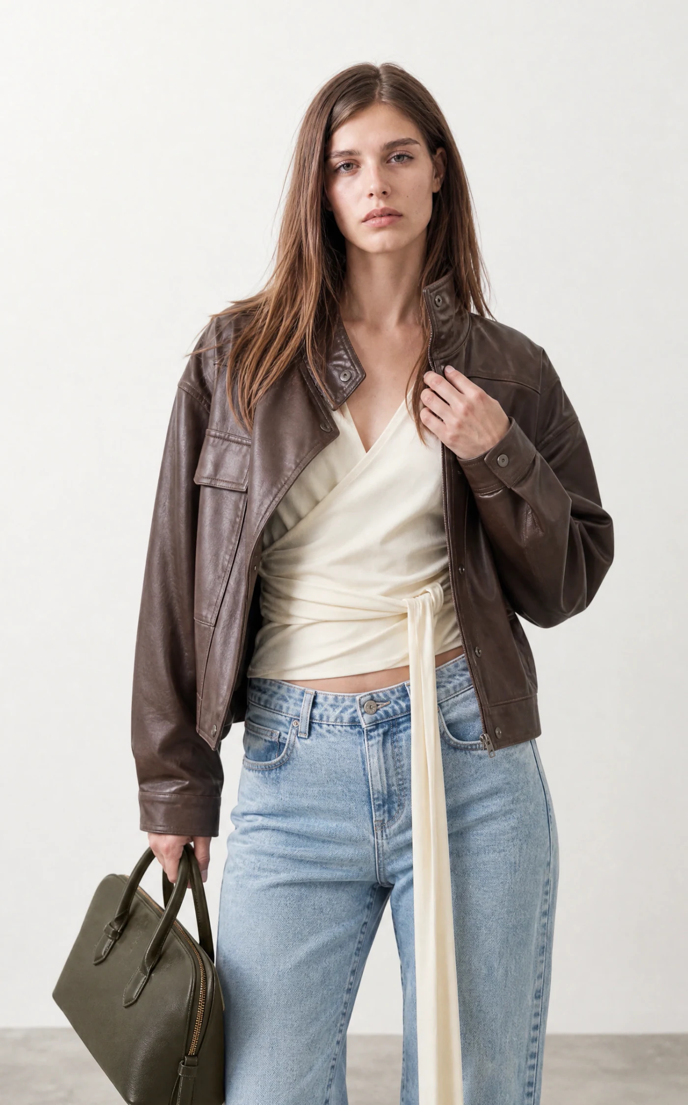 Vestira PDP image — brown leather jacket with light-wash jeans, front view