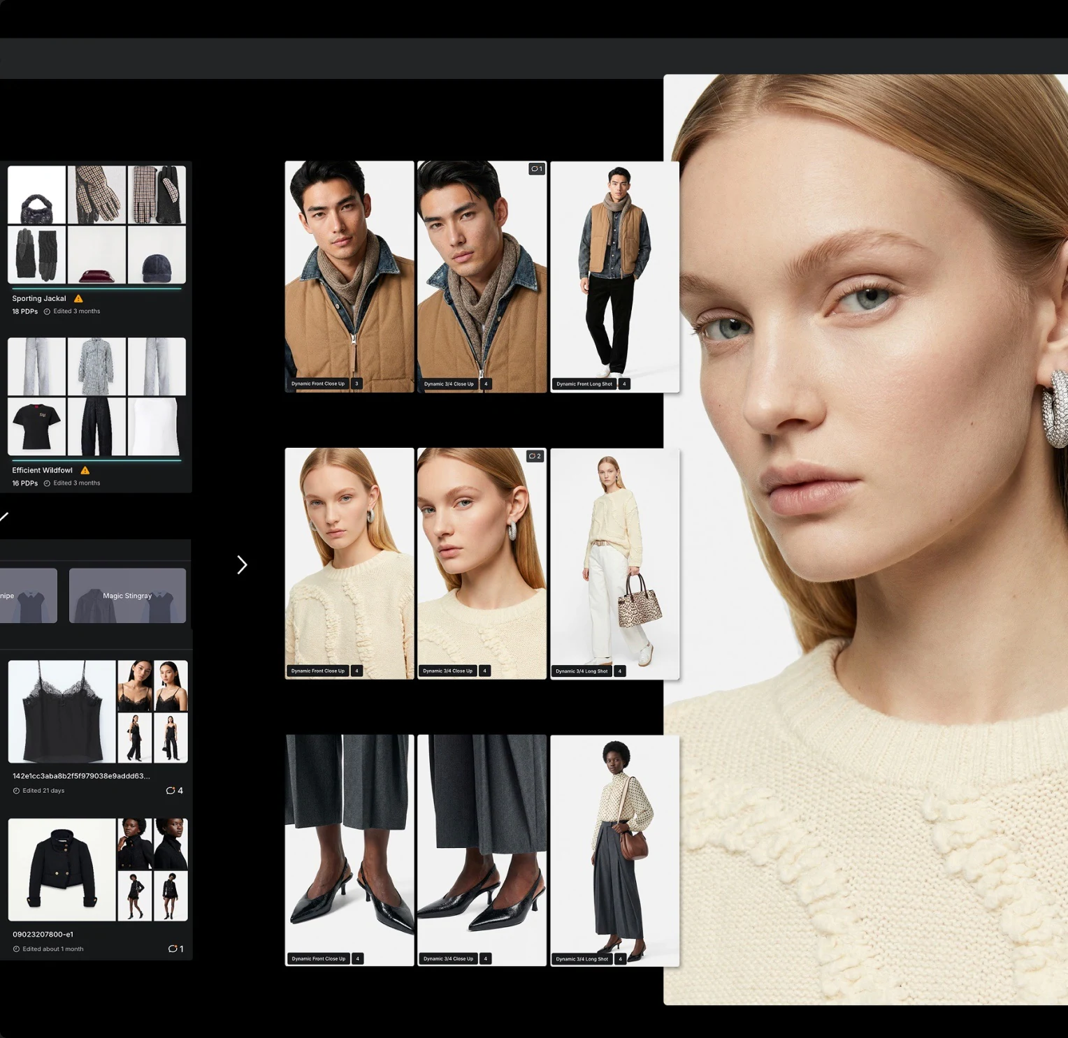 The Genera platform at work: a rail of generated on-model shots and the demo model open on the canvas